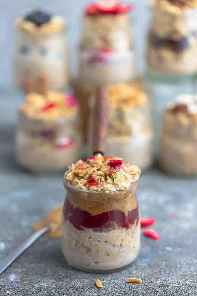 Peanut Butter and Jelly Overnight Oats are a healthy gluten free twist on the classic childhood favorite breakfast on the go. Made with PB & J, and hearty oats.