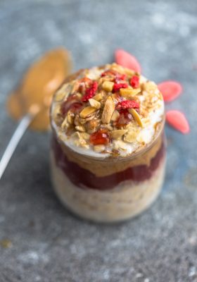 Peanut Butter and Jelly Overnight Oats are a healthy gluten free twist on the classic childhood favorite breakfast on the go. Made with PB & J, and hearty oats.