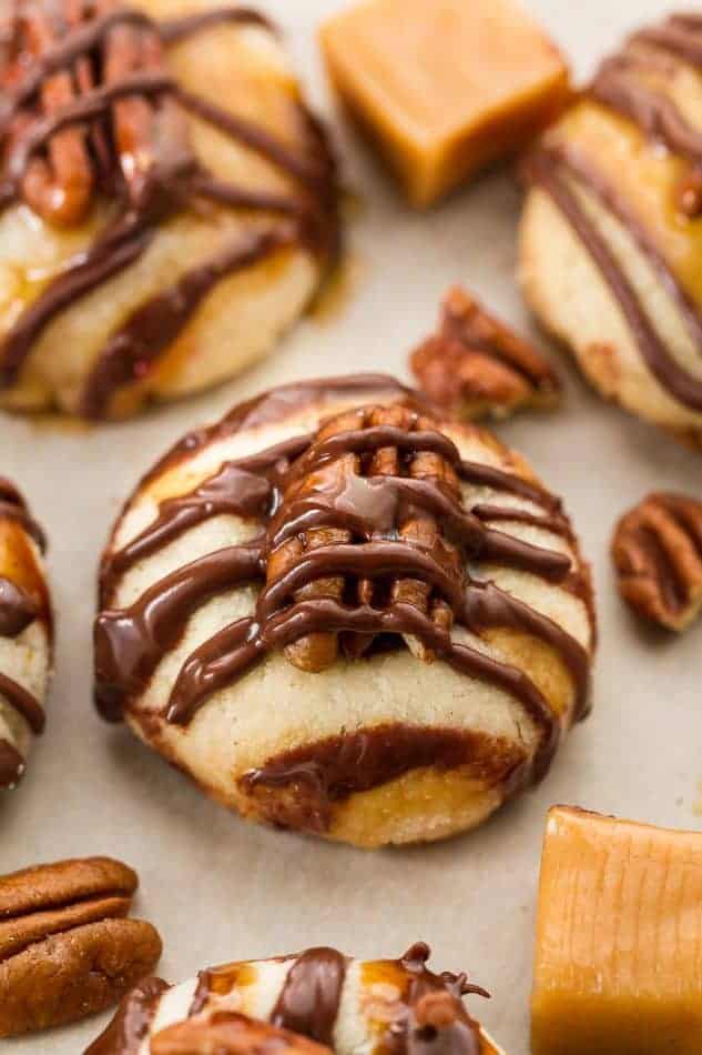 Close-up view of Pecan Turtle Shortbread Thumbprint Cookies