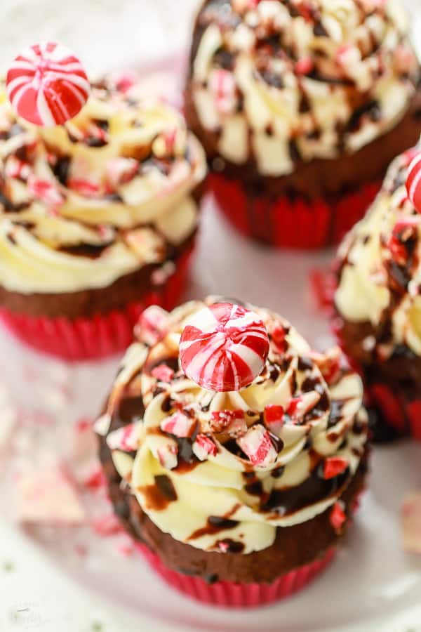 Overhead view of Peppermint Eggnog Cupcakes on a plate