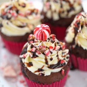 Overhead view of Peppermint Eggnog Cupcakes on a plate