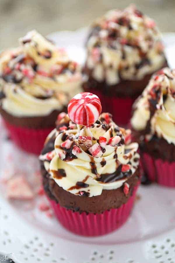 Overhead view of Peppermint Eggnog Cupcakes on a plate