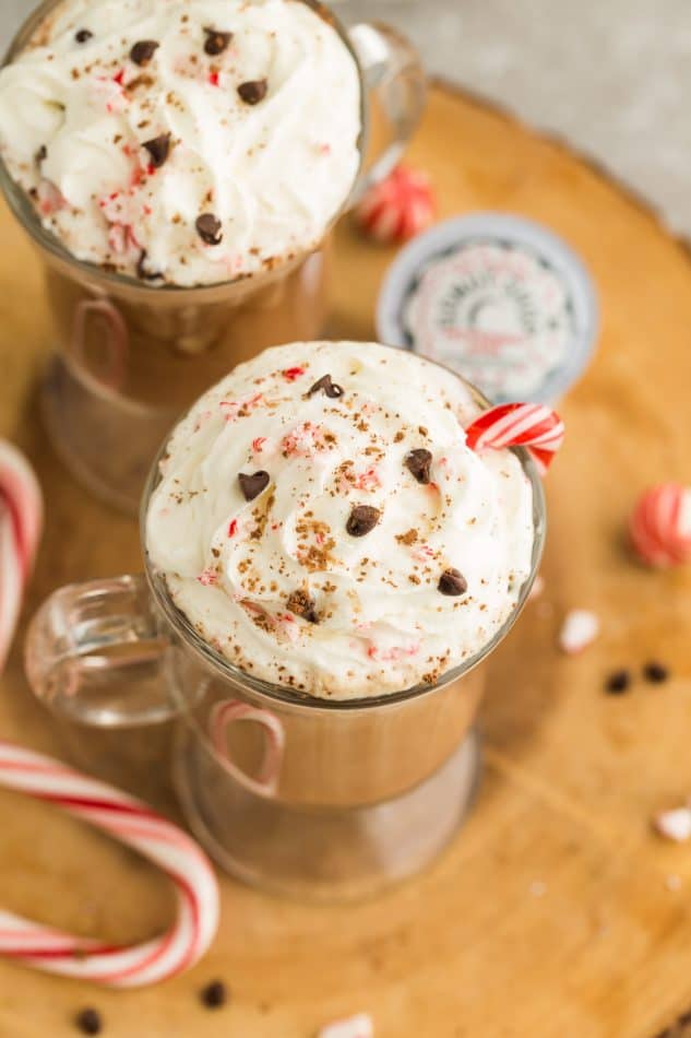 Overhead view of two Peppermint Crunch Mocha Lattes in glasses