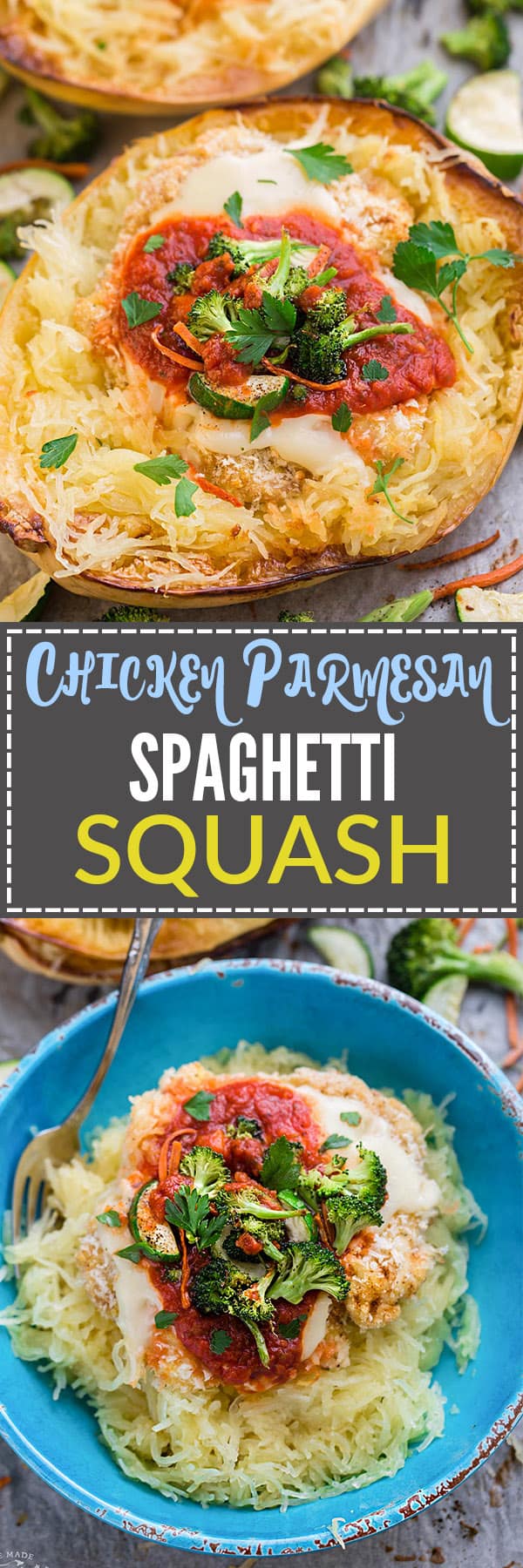 Chicken Parmesan Spaghetti Squash Bowls make the perfect easy one pan meal. Best of all, it's so easy to customize with your favorite veggies and takes just 15 minutes of prep time!