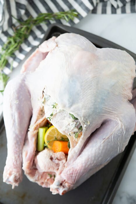 Side view of a raw Whole Turkey on a baking tray