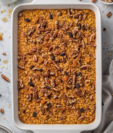 A pan full of oatmeal casserole on top of a kitchen countertop