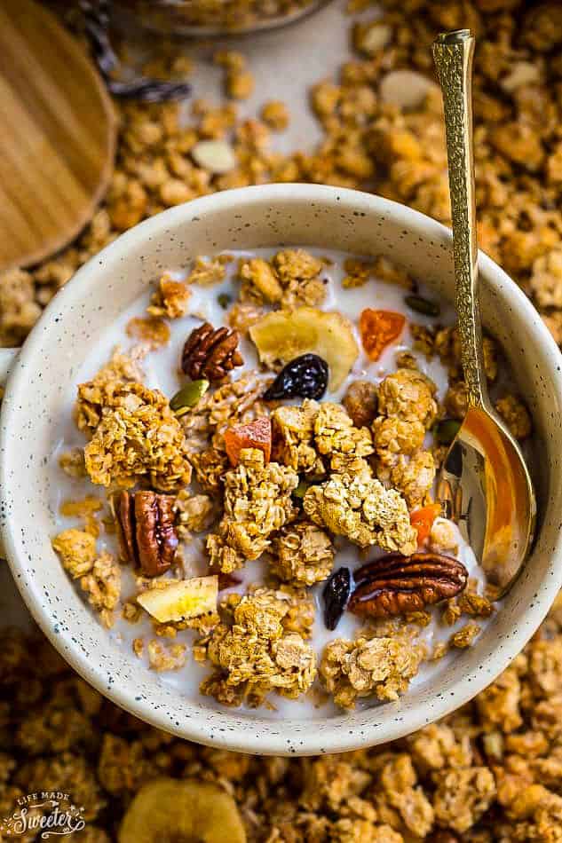 Pumpkin Granola Clusters makes the perfect healthy breakfast, but so crunchy and delicious you’ll want to have it for dessert too! Best of all, this easy granola recipe is vegan, gluten-free and refined sugar free.