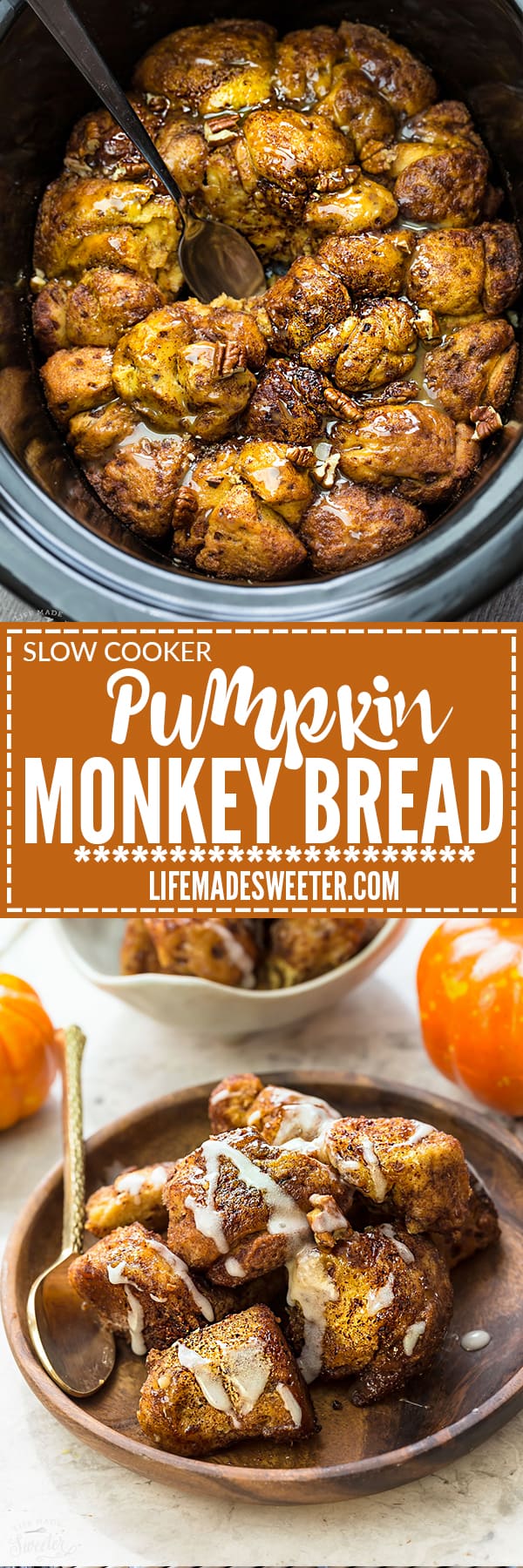 Slow Cooker Pumpkin Monkey Bread makes the perfect easy breakfast or brunch. Best of all, it's so easy to make with refrigerated cinnamon roll dough and it's full of cozy fall spices and a pumpkin cheesecake filling. So delicious for the holidays or any regular day.