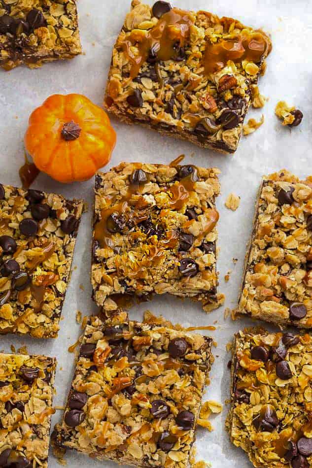 Overhead view of Pumpkin Oatmeal Bars with caramel drizzle