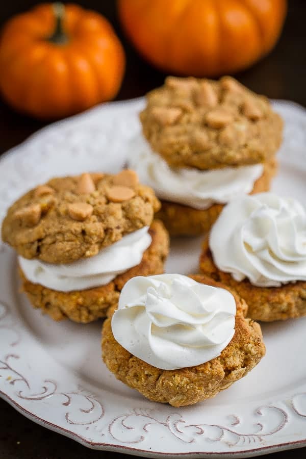 Pumpkin Chip Oatmeal Sandwich Cookies are flourless, soft, chewy and best of all,filled with the perfect cream cheese frosting. A delicious gluten free snack