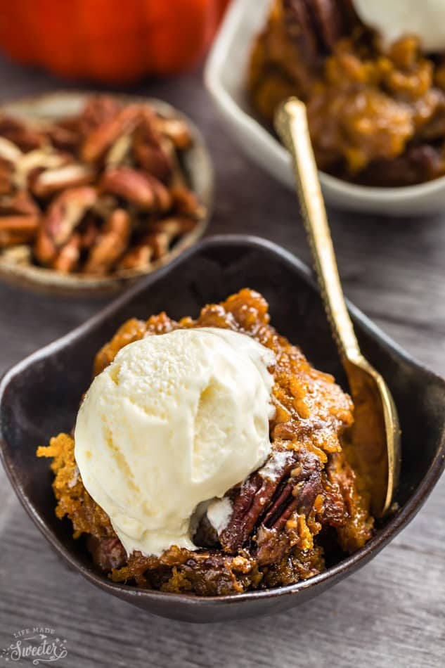 Slow Cooker Pumpkin Pecan Pudding Cake is the perfect decadent dessert for fall. Best of all, it's so easy to make with less than 20 minutes of prep time and cooks entirely in your crock-pot!