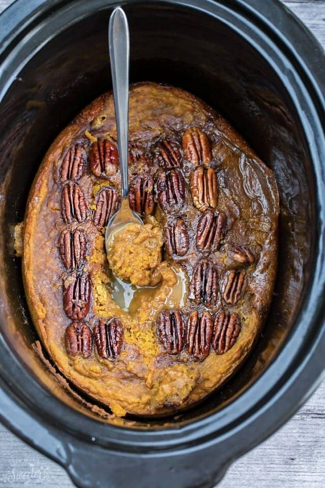 Slow Cooker Pumpkin Pecan Pudding Cake makes the perfect decadent dessert. Best of all, it's so easy to make and cooks entirely in your crock-pot!