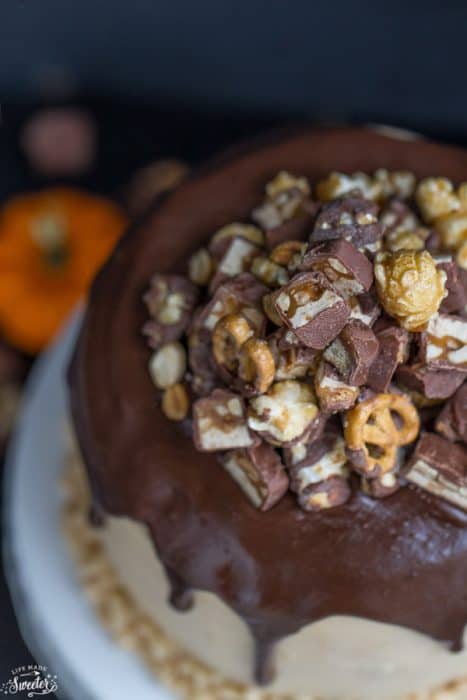 Pumpkin Snickers Layer Cake with Salted Caramel Frosting makes an impressive dessert