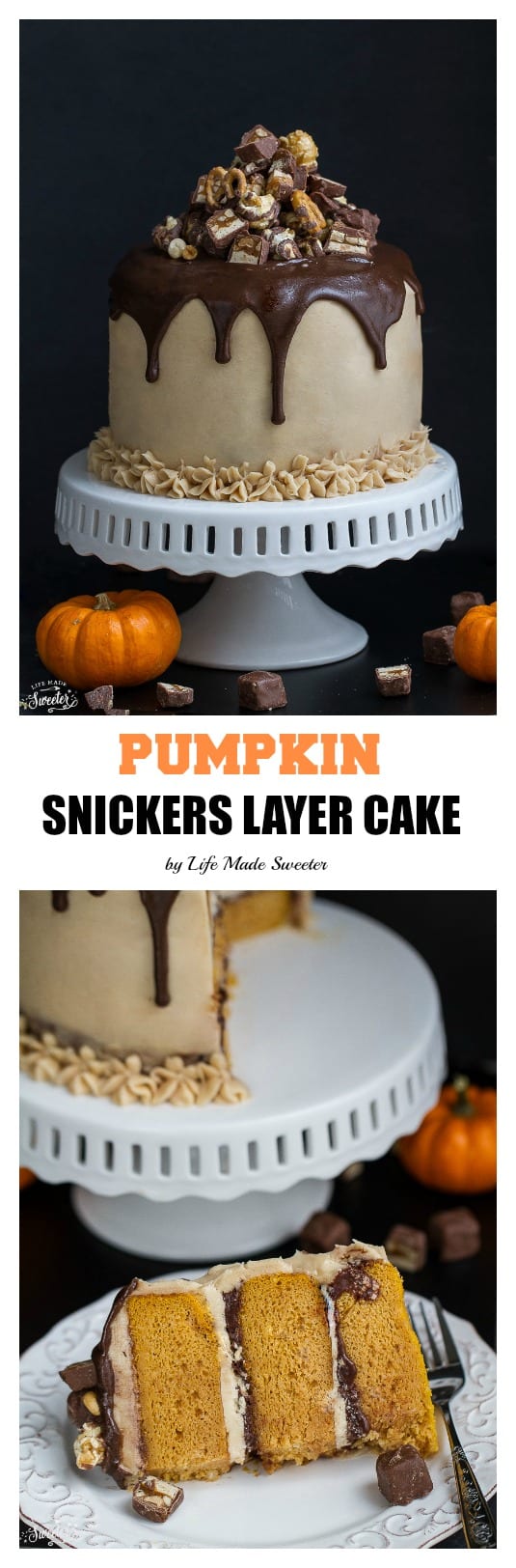 Pumpkin Snickers Layer Cake with Salted Caramel Frosting makes an impressive dessert for any holiday.