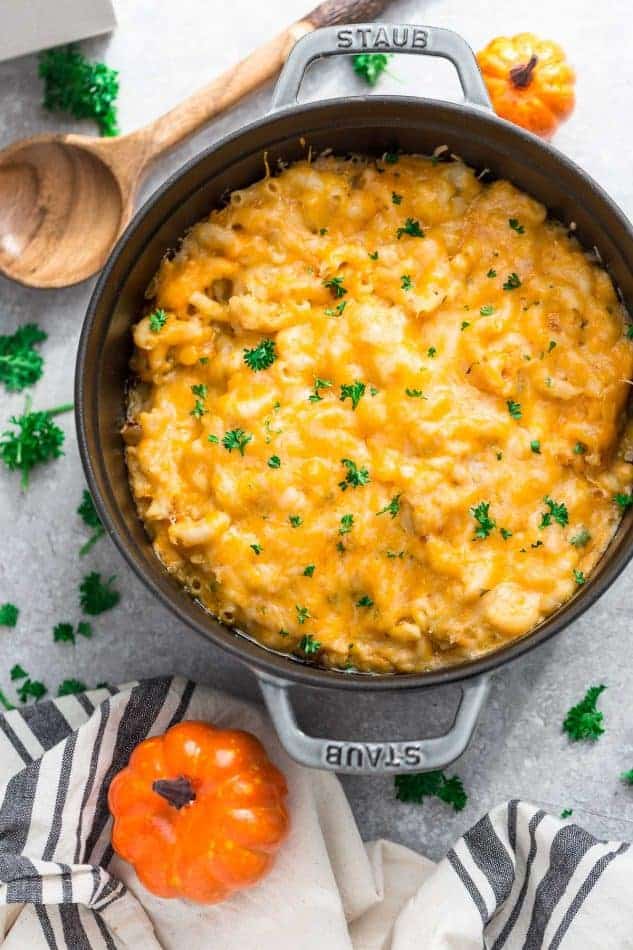 This recipe for Easy Pumpkin Stovetop Macaroni & Cheese takes only 30 minutes to make for a perfect weeknight meal for fall. Best of all, it's super creamy and made with a mix of three popular cheeses: sharp cheddar, parmesan and cream cheese. It's the ultimate fall comfort food and makes the perfect side dish for Thanksgiving or the Christmas holiday feast! #lunch #dinner #comfortfood #pumpkin #macandcheese #macaroniandcheese