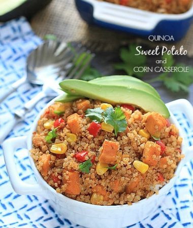 Quinoa, Sweet Potato and Corn Casserole from -- easy, healthy and delicious meal made all in your slow cooker.