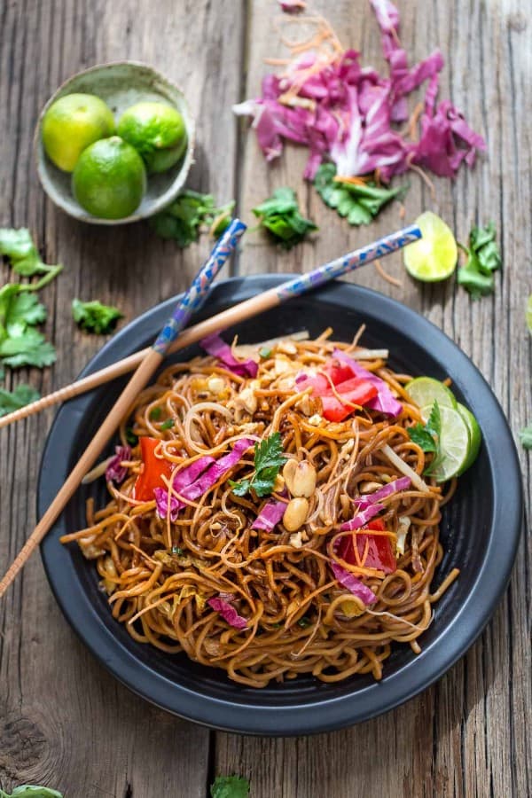 Asian noodles with peanut sauce and colorful veggies