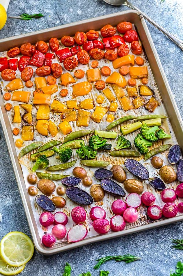 Top view of Rainbow Roasted Vegetables on a sheet pan