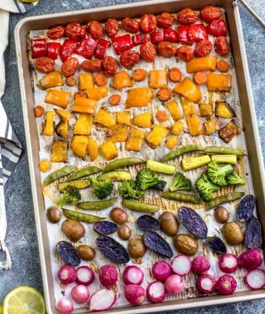 Top view of Rainbow Roasted Vegetables on a sheet pan