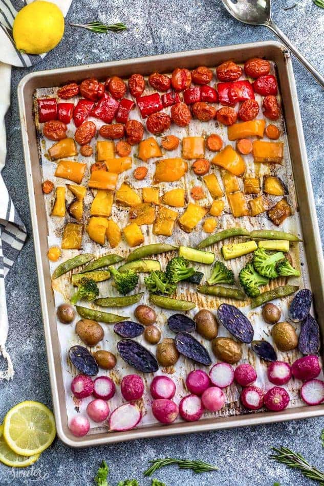 Top view of Rainbow Roasted Vegetables on a sheet pan