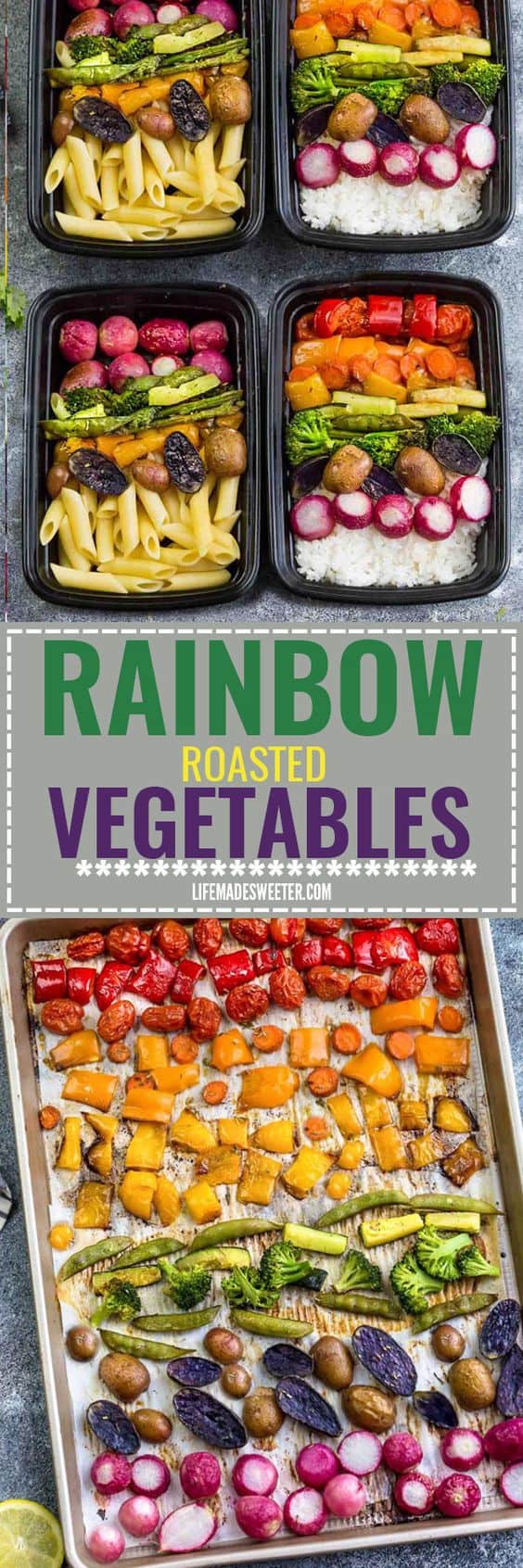 Rainbow Roasted Vegetables makes the perfect easy side dish in a fun presentation for kids and adults. Best of all, this recipe is so easy to customize using any vegetables you like. Great for Sunday meal prep and leftovers are perfect for work or school lunchboxes or lunch bowls. Also great for parties for St. Patrick's Day or potluck and summer BBQ's.