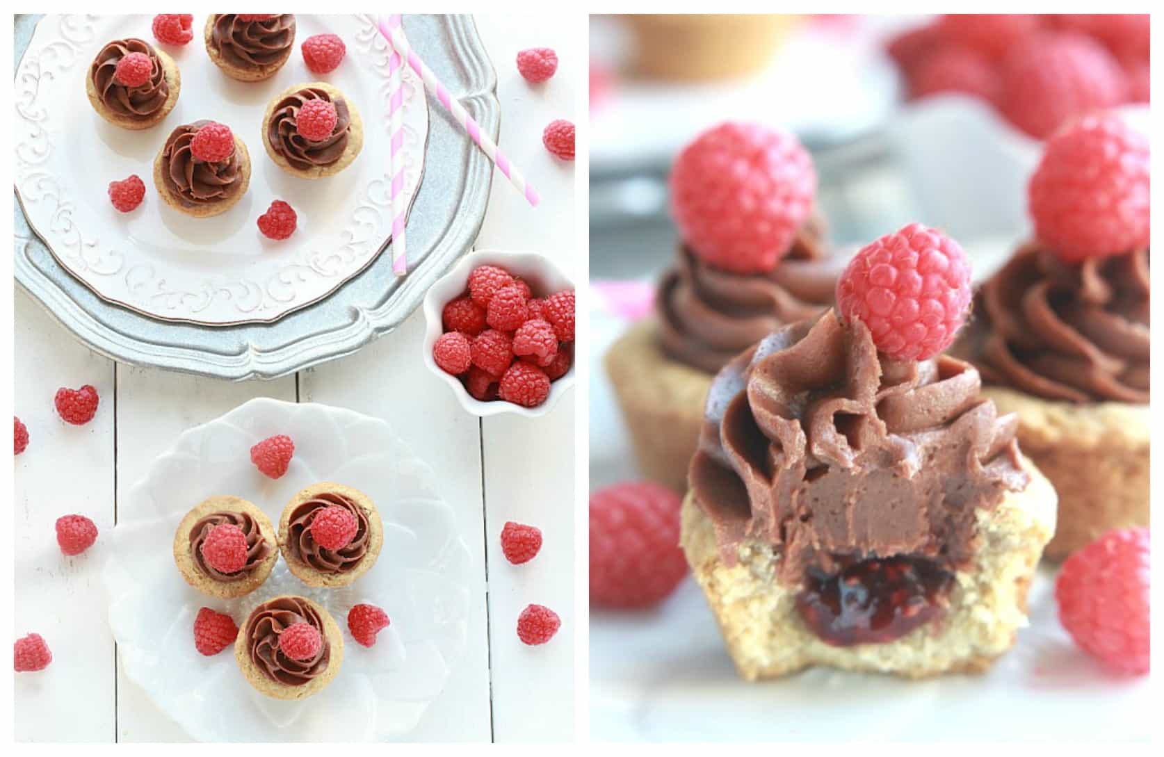 Raspberry Nutella Cookie Cups --- A soft & chewy cookie dough base is filled with a sweet raspberry jam & topped with a rich, Nutella cream cheese frosting.