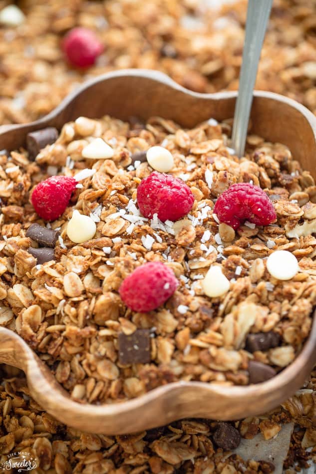 Raspberry White Chocolate Granola makes the perfect healthy snack!!