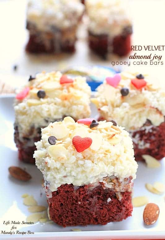Close-up view of Red Velvet Almond Joy Gooey Cake Bars