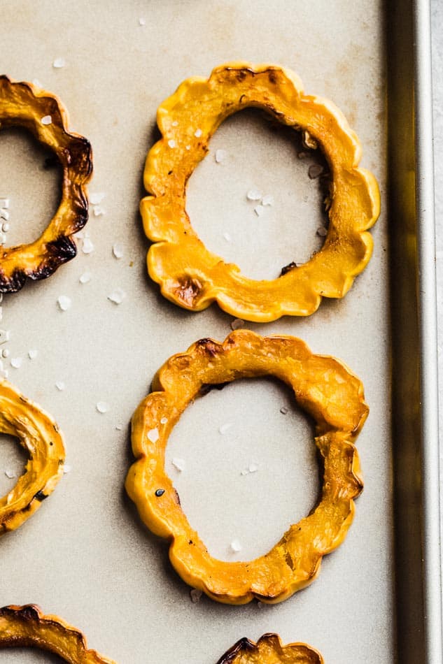 Close up of roasted delicata rings
