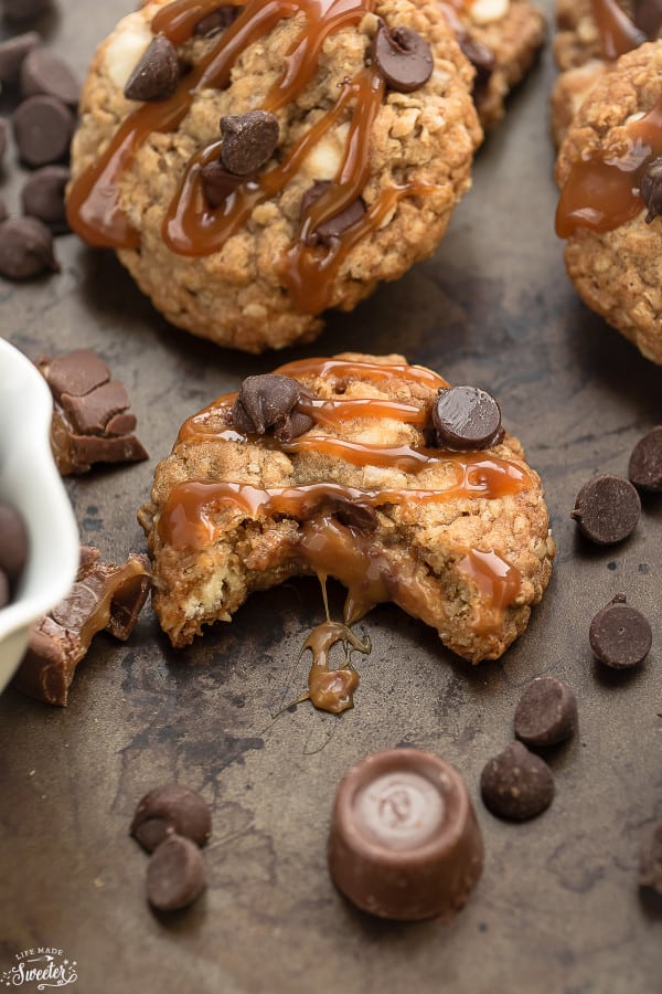 Rolo Stuffed Caramel Oatmeal Cookies make the perfect addition to your holiday cookie tray!