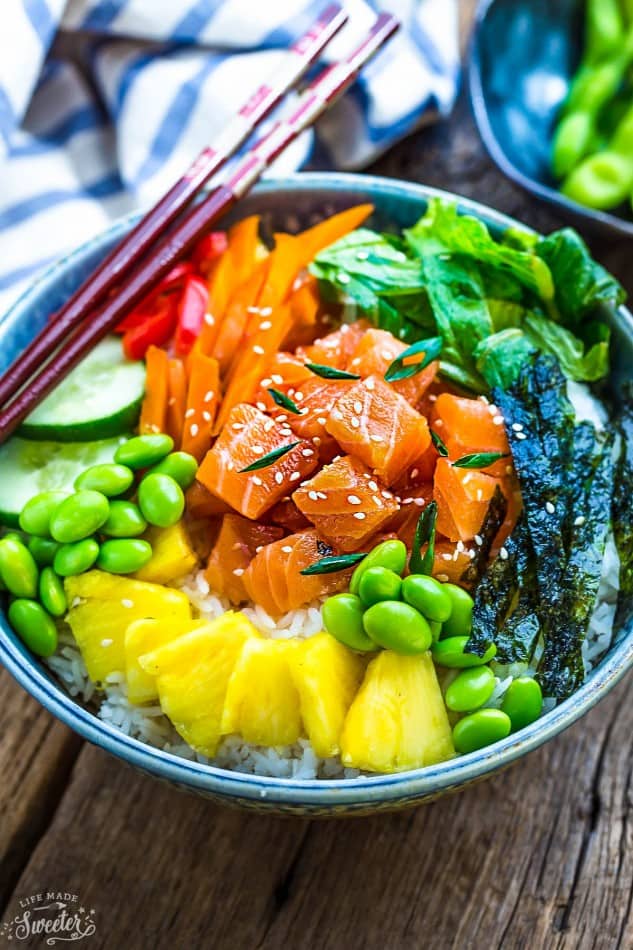 Salmon Poke Bowl - makes a light, healthy and refreshing meal. Best of all, it's so easy to customize with your favorite vegetables and perfect for those busy weeknights.