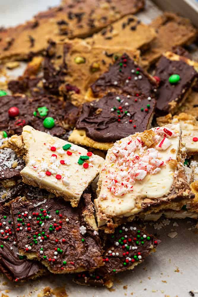 A variety of christmas toffee made with graham crackers