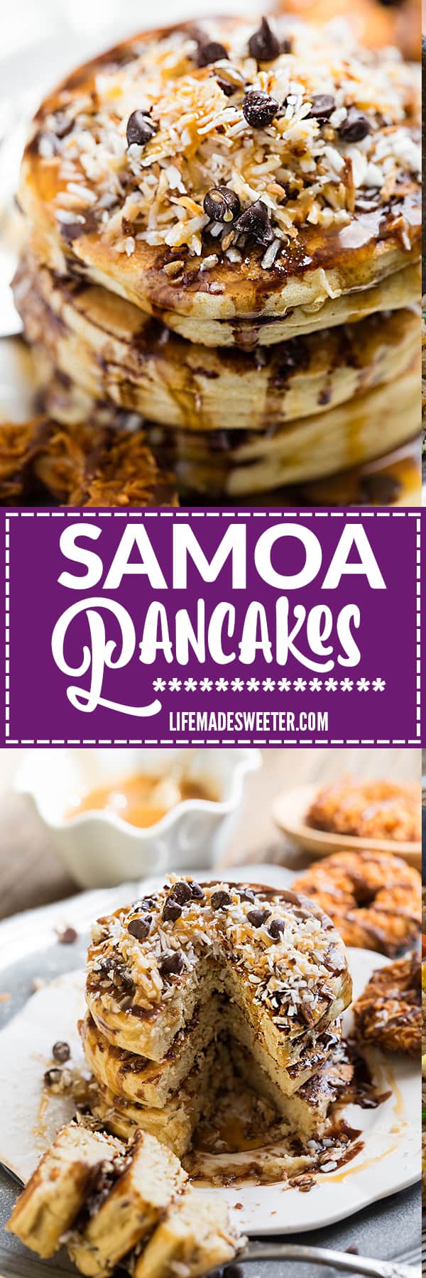 These Samoa Pancakes are the perfect way to enjoy the popular Girl Scout Cookie all year round. Best of all, these soft and fluffy pancakes are so easy to make with layers of toasted coconut, melted chocolate and gooey caramel.