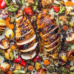 Close-up overhead view of Sheet Pan Hoisin Chicken and Vegetables