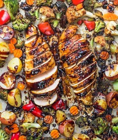 Close-up overhead view of Sheet Pan Hoisin Chicken and Vegetables