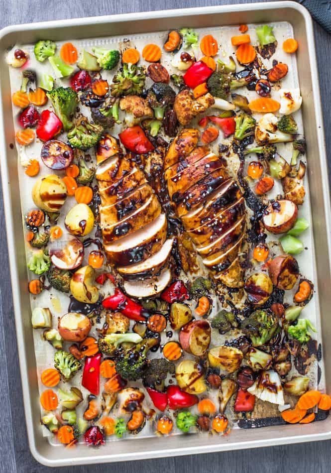 Overhead view of Sheet Pan Hoisin Chicken and Vegetables