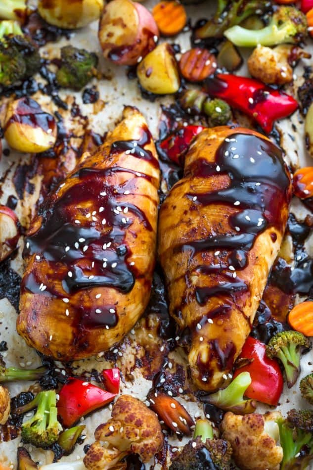 Close-up of Sheet Pan Hoisin Chicken and Vegetables