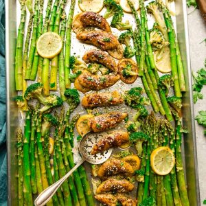 Sheet Pan Honey Lemon Chicken - the perfect easy meal for busy weeknights. Best of all, made with tender and juicy chicken, asparagus coated in a sweet and savory sauce.