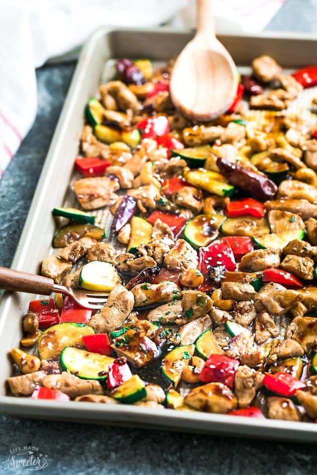 Close-up view of Sheet Pan Kung Pao Chicken with vegetables