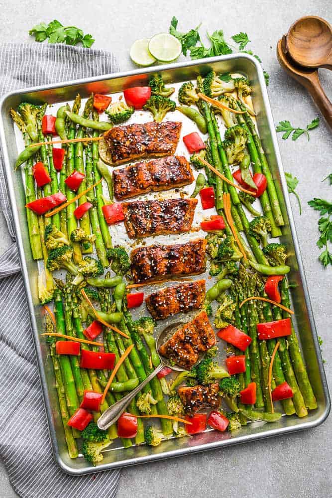 Sheet Pan Teriyaki Salmon with asparagus, broccoli, red bell peppers and carrots