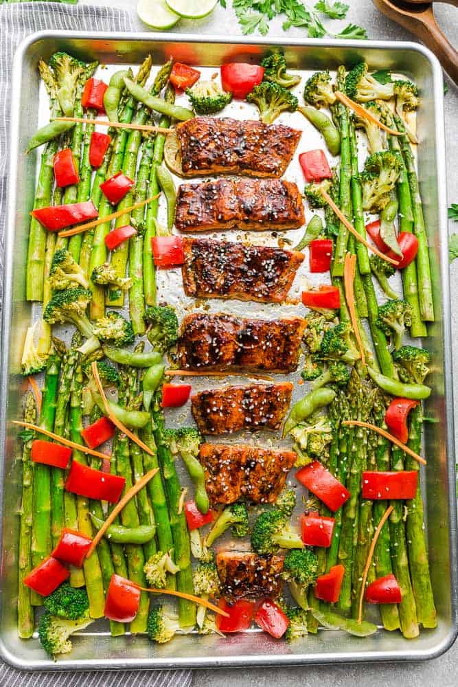 Sheet Pan dinner with Teriyaki Salmon, asparagus, broccoli, red bell peppers and carrots