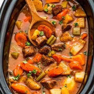 Top view of slow cooker beef stew in a crockpot