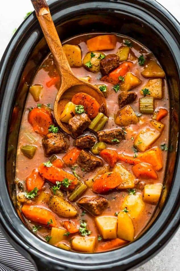 Top view of slow cooker beef stew in a crockpot