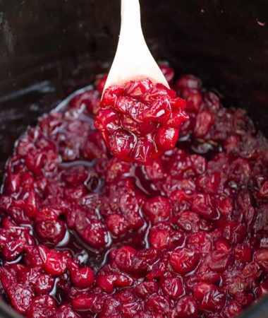 Overhead view of Slow Cooker Homemade Cranberry Sauce in a slow cooker