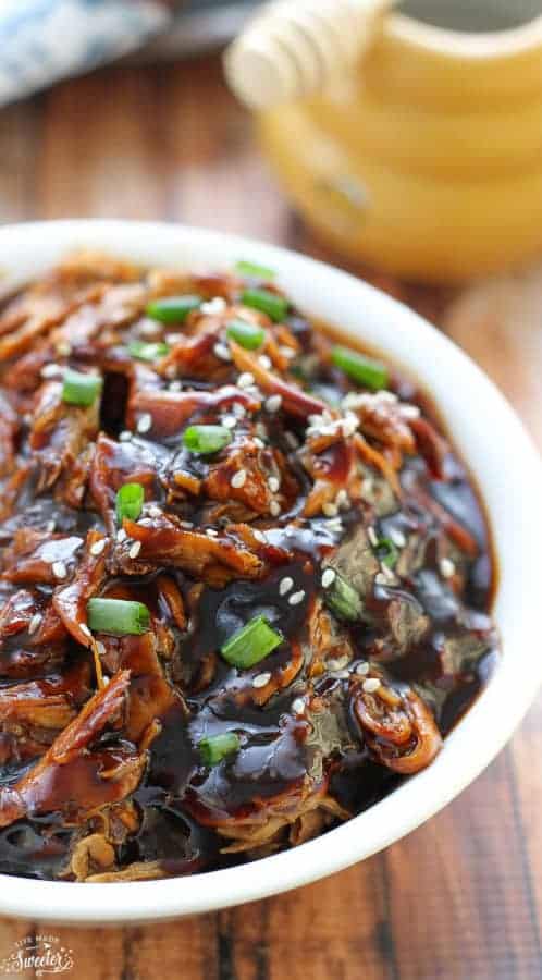 Overhead view of Slow Cooker Honey Garlic Chicken in a bowl