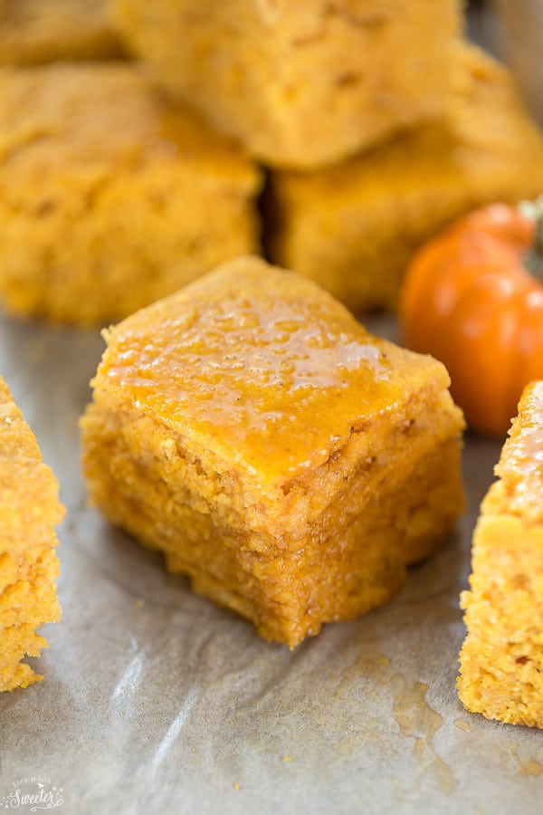Close-up of a square of Slow Cooker Pumpkin Cornbread