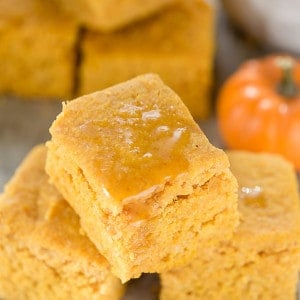 Close-up of three squares of Maple Pumpkin Cornbread stacked