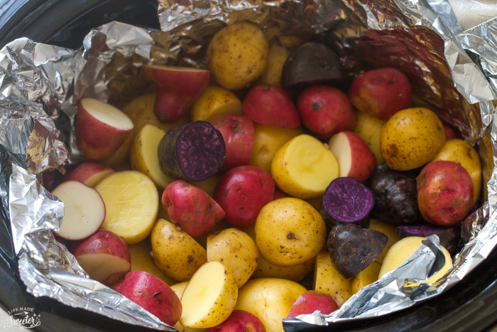 Slow Cooker Rosemary Garlic Tri-color Potatoes makes an easy side dish.