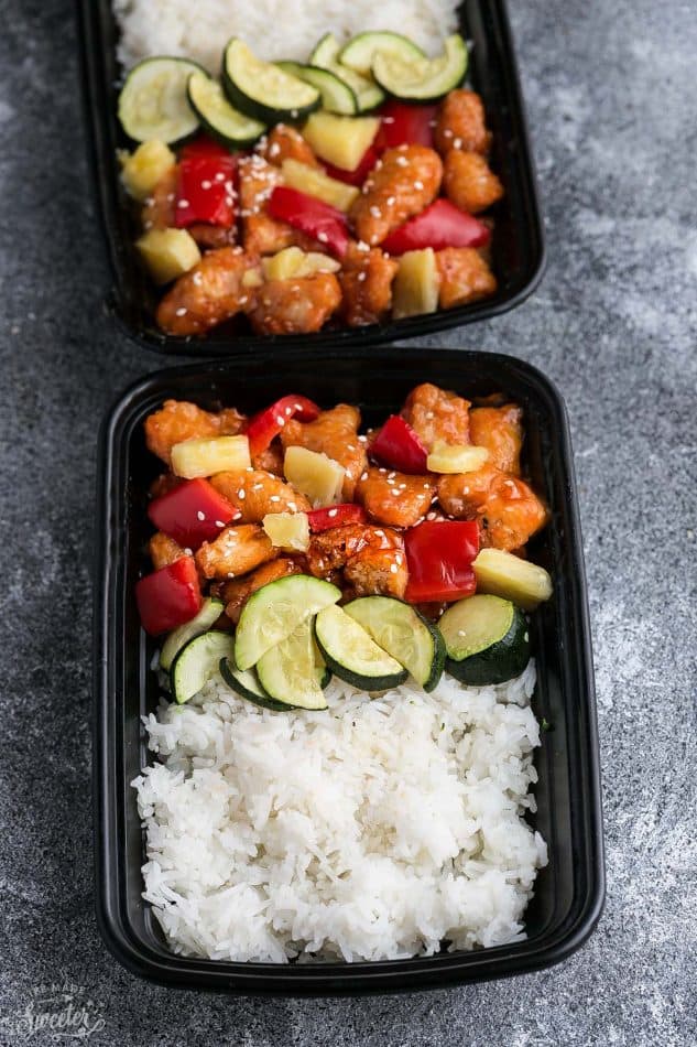 Slow Cooker Sweet and Sour Chicken Meal Prep Lunch Bowls - coated in a sweet, savory and tangy sauce that is even better than your local takeout restaurant! Best of all, it's full of authentic flavors and super easy to make with just 15 minutes of prep time. Skip that takeout menu! This is so much better and healthier! Weekly meal prep for the week and leftovers are great for lunch bowls for work or school.