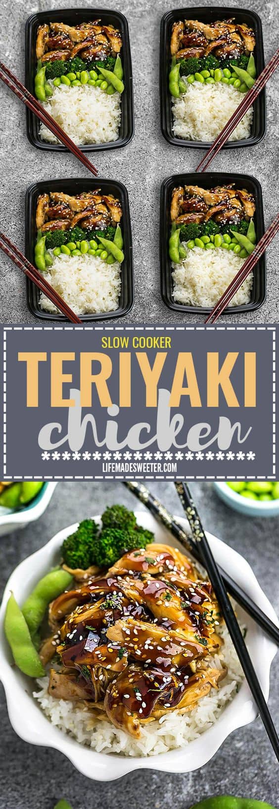 Slow Cooker or Instant Pot Teriyaki Chicken coated in a homemade sweet and savory Teriyaki sauce that is even better than your local Japanese takeout restaurant! Best of all, it's full of authentic flavors and super easy to make with just 10 minutes of prep time. Skip the takeout menu! This is so much better and healthier! Weekly meal prep or leftovers are great for lunch bowls or lunchboxes for work or school. Instructions for crock-pot and Instant Pot pressure cooker